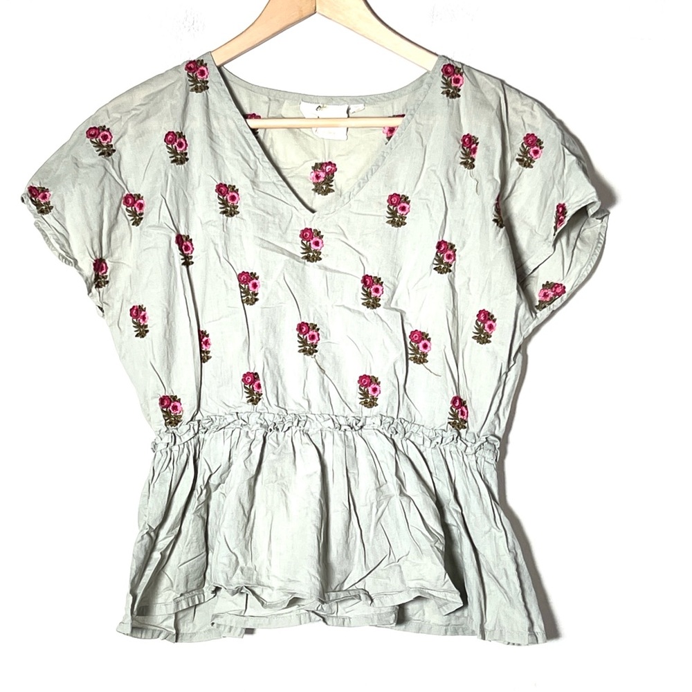 One Fine Day Anthropologie green pink floral peplum blouse top shirt sz XS B196